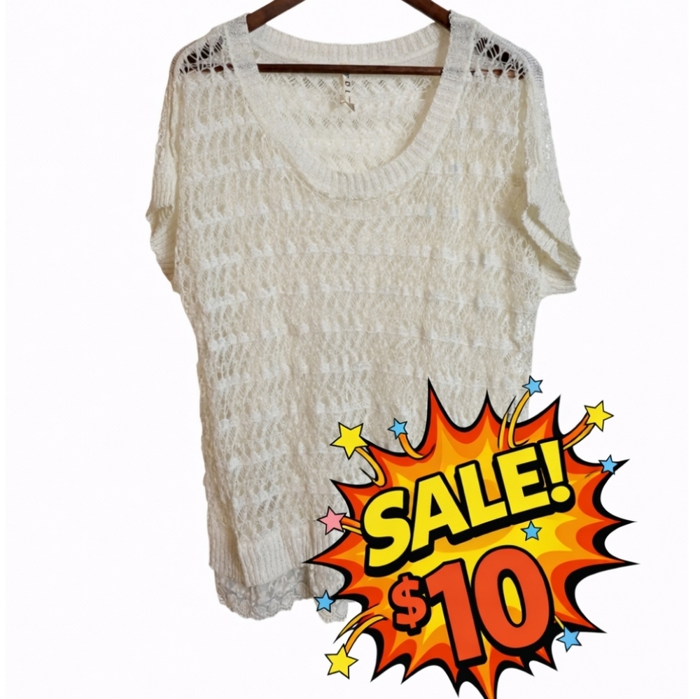 POL Open Knit White Crew Neck Sweater Short Sleeves Boxy Oversize Top Small